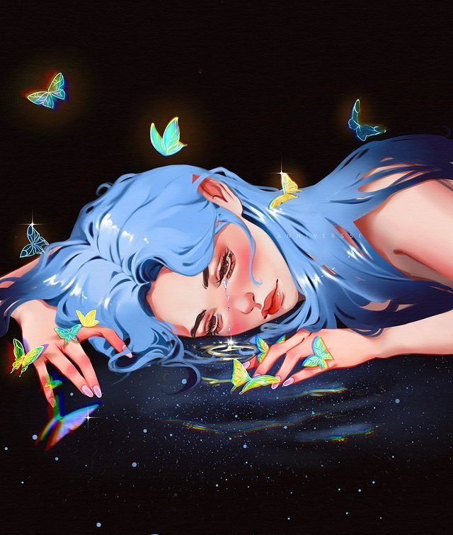 a painting of a woman with blue hair and butterflies on her head, laying down