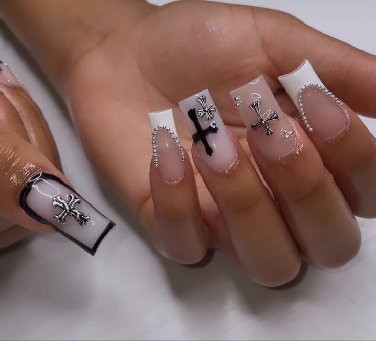 Cute Black Nails With Design, Y2k Cross Nails Acrylic, Junior H Nails Designs, Nails To Match Black And White Dress, Black And White Nails With Cross, Tapered Square Nails With Charms, Cross White Nails, Romeo Santos Nails, Nail Inspo With Cross Charm