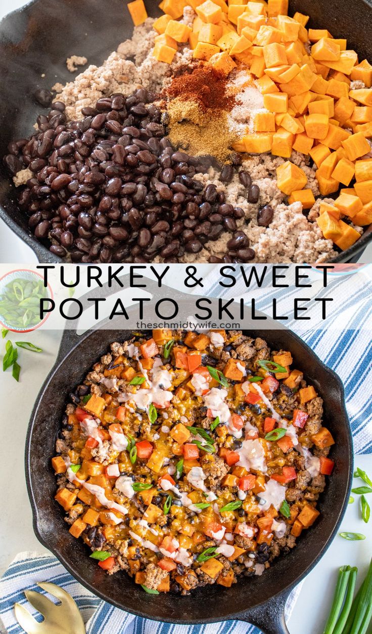 ground turkey and sweet potato skillet is shown in two different pans with the same topping