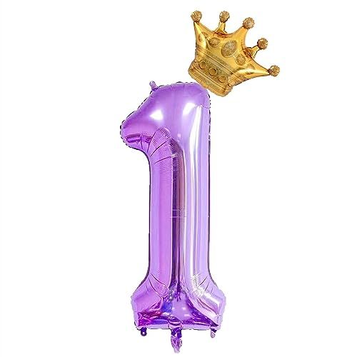 a purple number one balloon with a gold crown on top