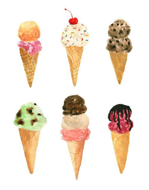 six ice cream cones with different flavors and toppings in them on a white background