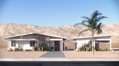 this is an artist's rendering of a house in the desert with mountains in the background