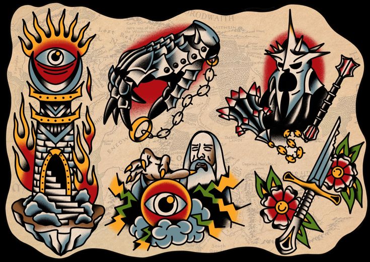 an old school style tattoo design on a piece of paper, with different designs and colors