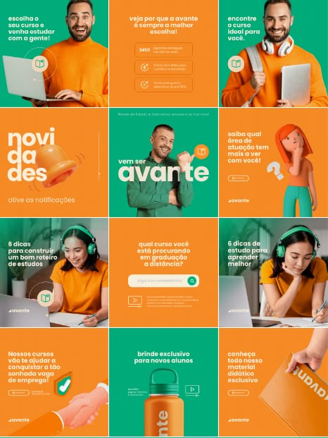 an orange and green poster with people in headphones working on laptops, talking to each other