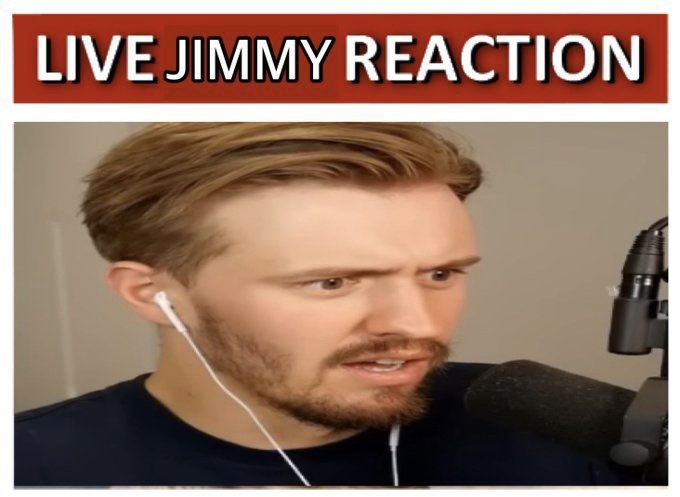 a man with headphones in front of a microphone and the words live jimmy reaction