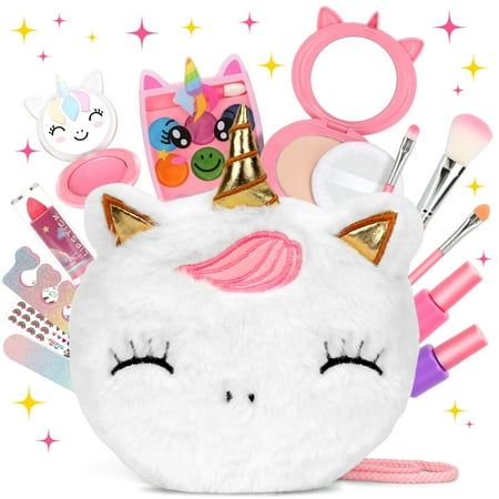 a white unicorn makeup bag filled with cosmetics