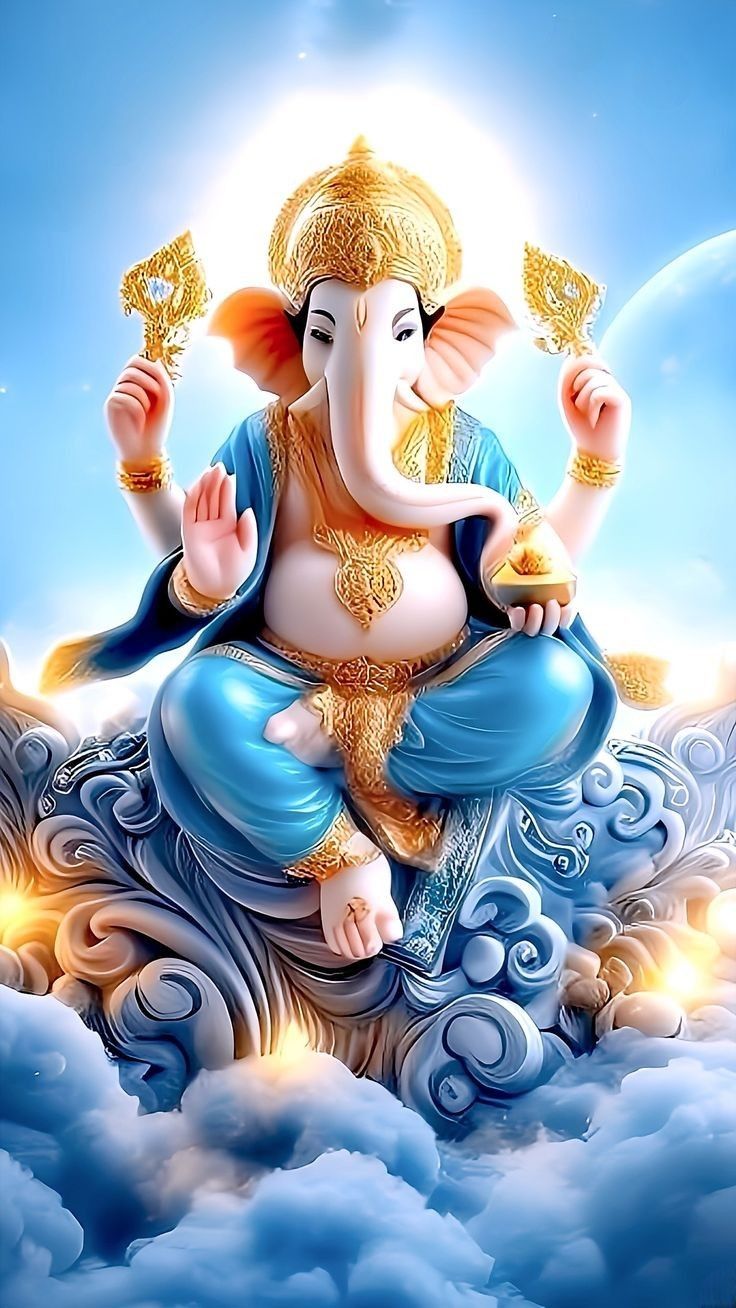 an elephant sitting on top of a cloud in the sky with its trunk up and eyes closed