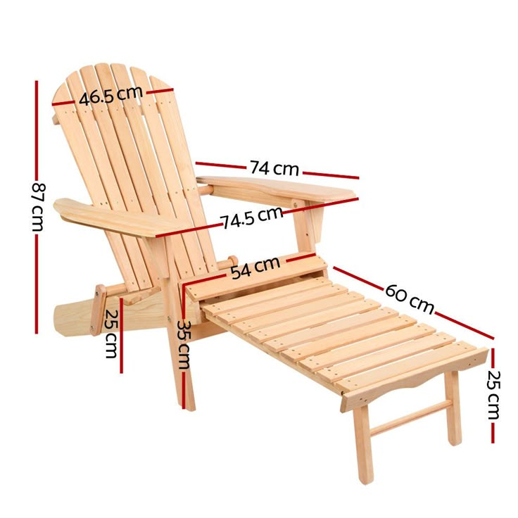 a wooden lawn chair and ottoman with measurements