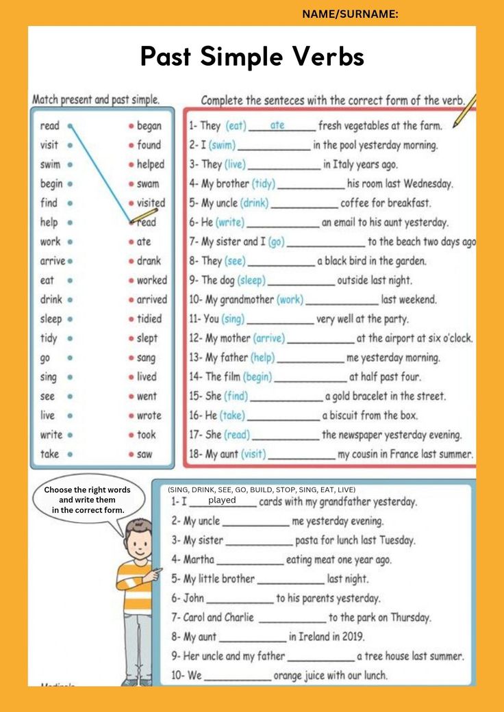 the past simple verbs worksheet is shown with an image of a man