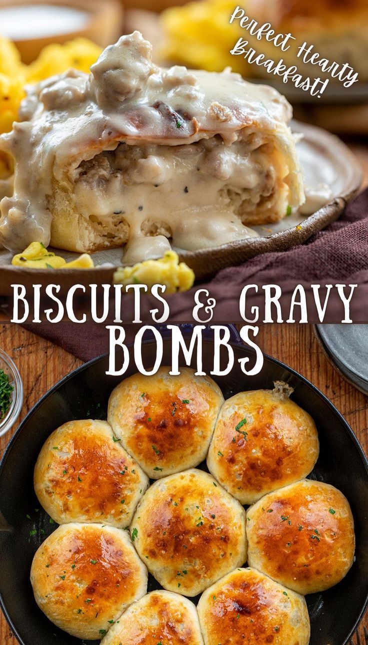 Two images, top image is a side view of a biscuits and gravy bomb sliced in half, showcasing the gravy inside and topped with more gravy. Bottom image is an overhead view of a skillet filled with eight biscuits and gravy bombs cooked golden brown. Homemade Pork Sausage, Best Biscuits And Gravy, Beef Ground, Yummy Biscuits, Recipes Low Carb, Hamburger Meat Recipes, Hamburger Meat, Sausage Gravy, Biscuits And Gravy