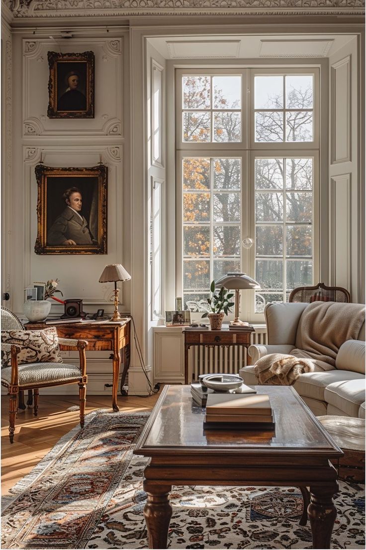 a living room filled with furniture and a painting on the wall above it's windows