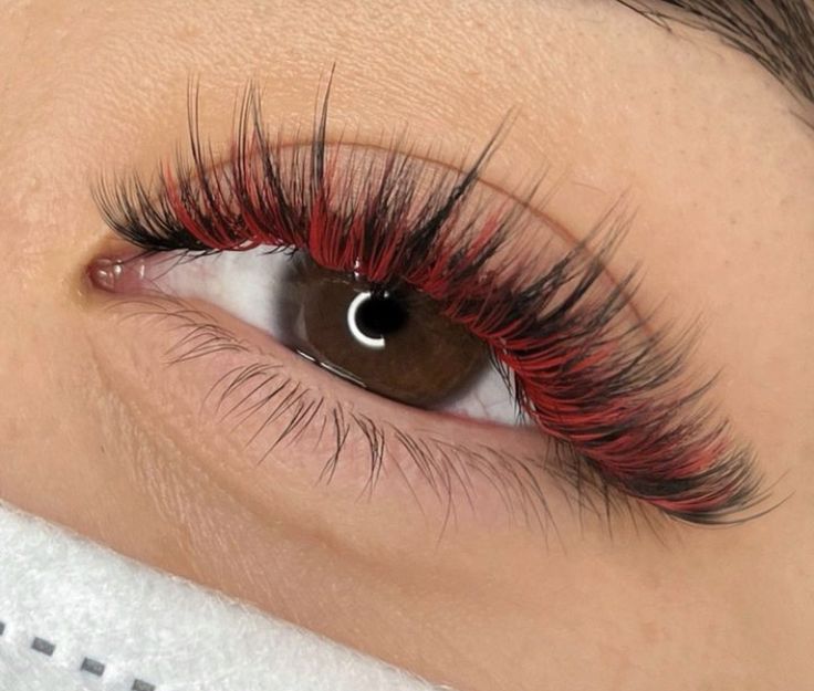 Color Accent Lash Extensions, Orange Eyelash Extensions, Cute Lashes With Color, Eyelash Extensions Styles Color, Eyelash Color Extensions, Red And Black Lashes, Eyelashes Color, Lash Color Extensions, Colorful Eyelashes