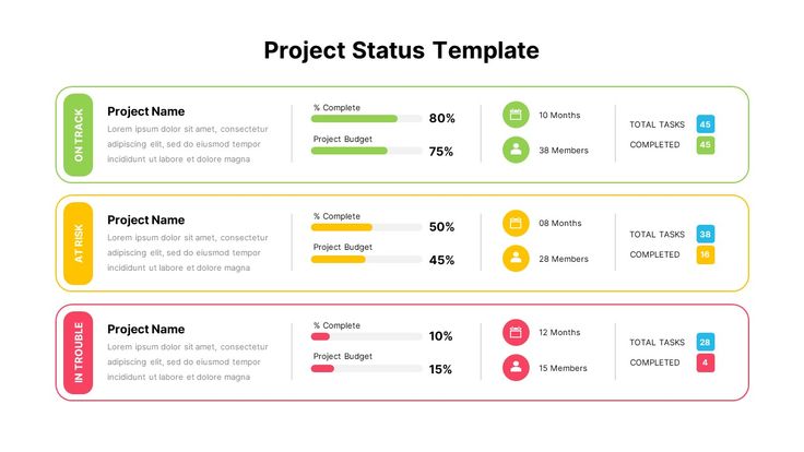 the project status template for powerpoint is shown in three different colors and font options