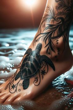 a woman's foot with a turtle tattoo on it