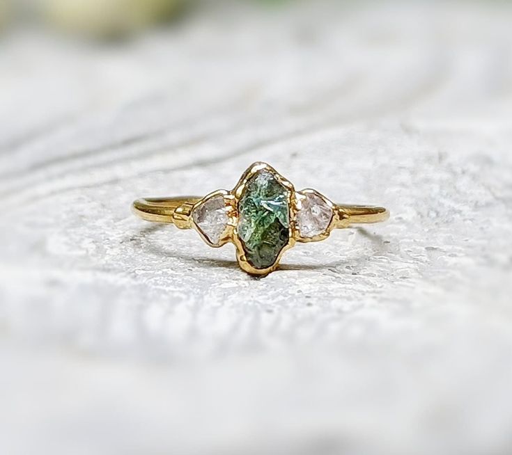 Recycled Engagement Ring, Antique Green Engagement Rings, Raw Rock Engagement Ring, Dainty Non Traditional Engagement Rings, Unique Earthy Engagement Rings, Raw Cut Rings, Sapphic Engagement Ring, Homemade Engagement Ring, Unique Stones For Engagement Rings