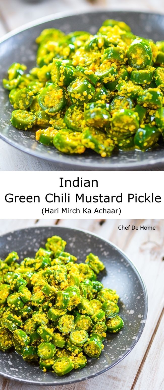 green chili mustard pickle in a bowl on top of a wooden table next to another dish