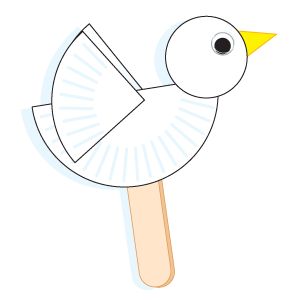 a drawing of a bird sitting on top of a wooden stick with a yellow beak