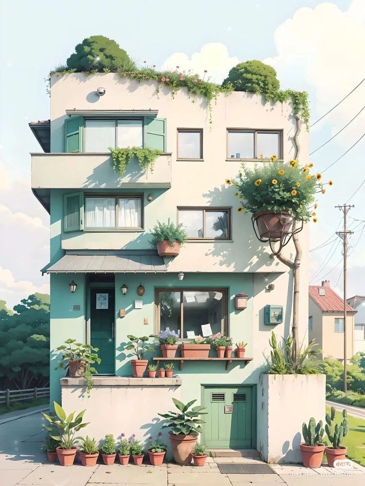 a painting of an apartment building with potted plants on the balconies