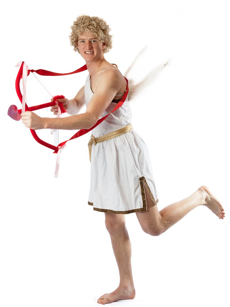 a young man dressed as an angel with a bow and arrow in his hand, running towards the camera