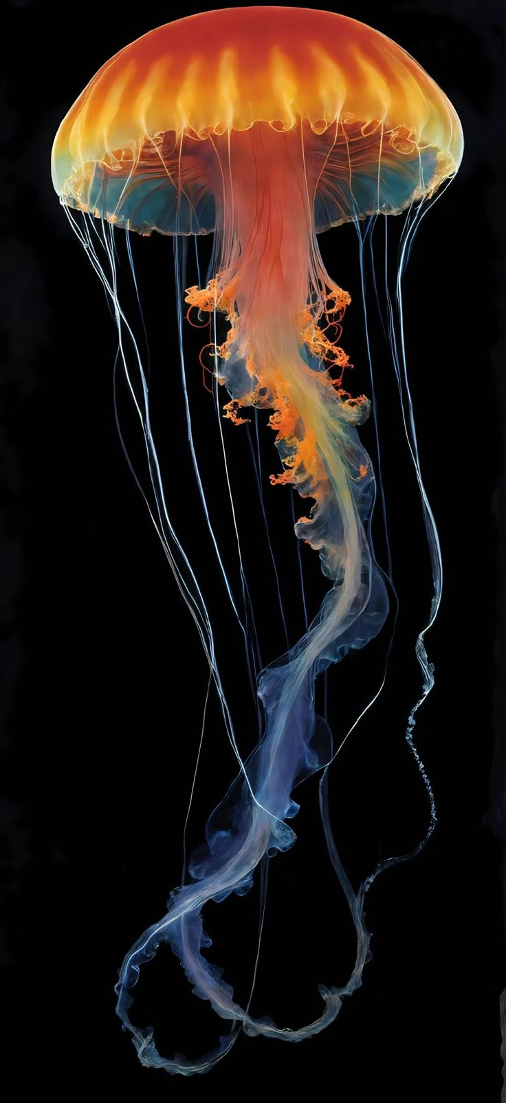 an orange and blue jellyfish floating in the water