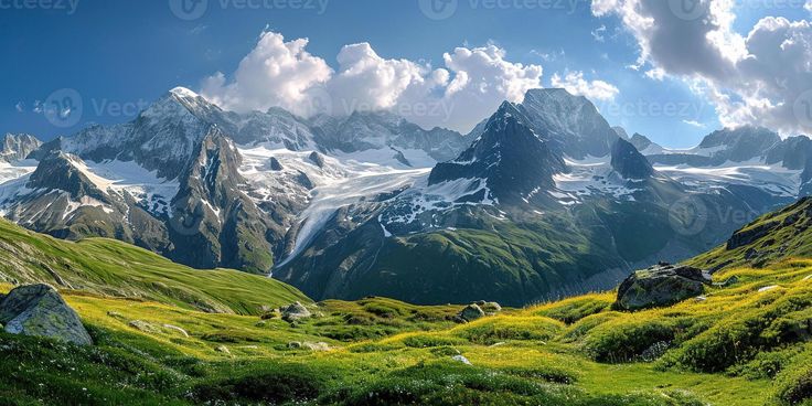 the mountains are covered in snow and green grass, with clouds above them on a sunny day