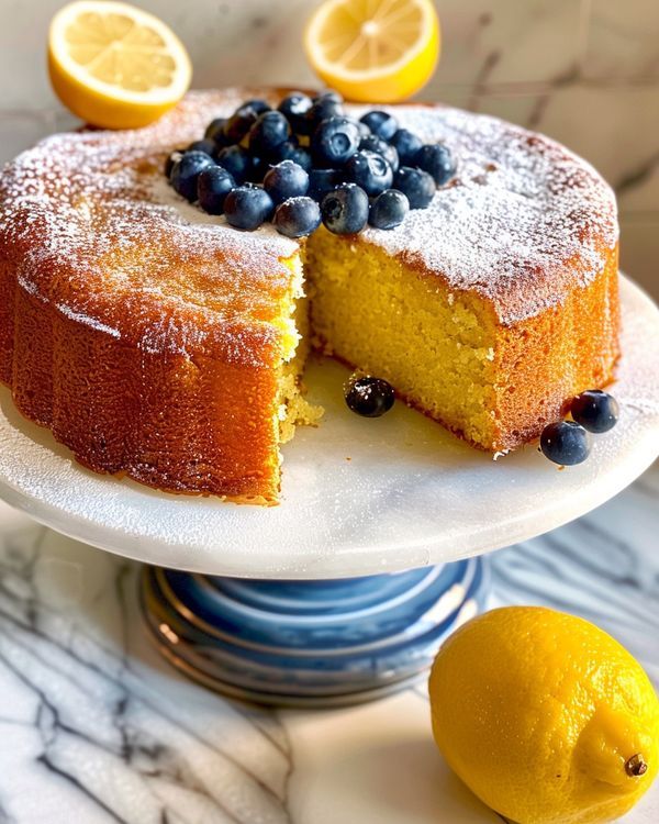 a cake with blueberries and lemons on top