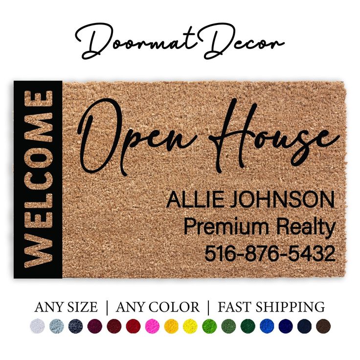 a welcome mat with the words open house written in black on it and colors to choose from