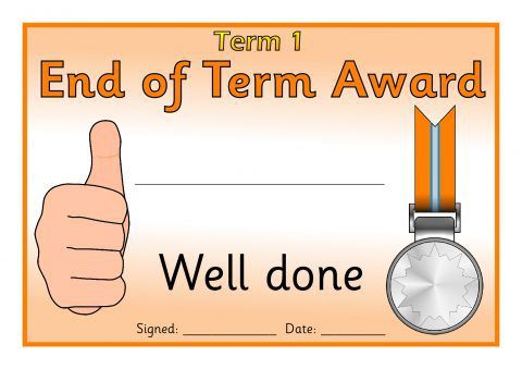 an award certificate with a thumbs up and a medal on the front, as well as a thumb down