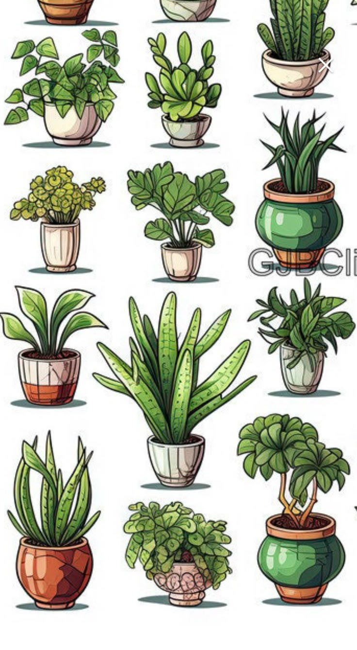 various potted plants are shown in this illustration