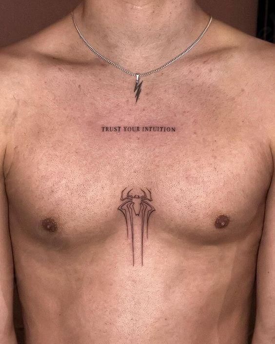 a man's chest with the words trust your invention on it and two arrows