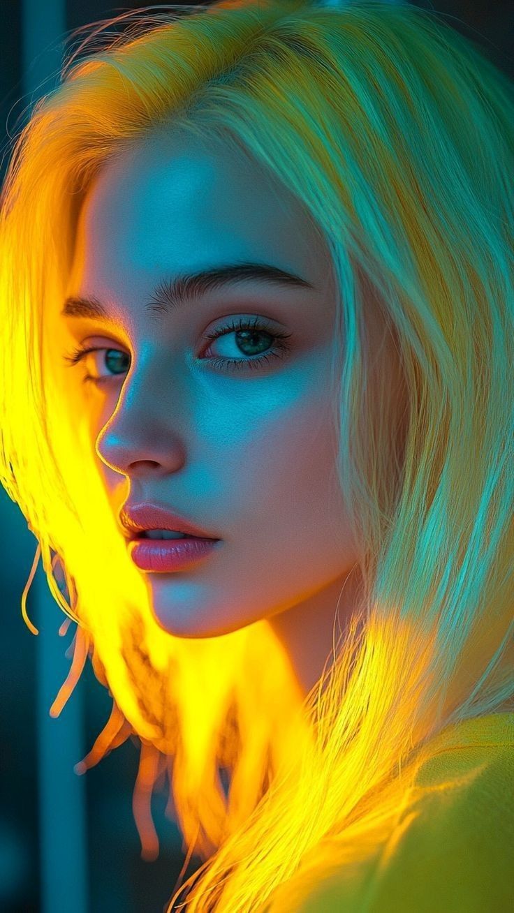 a woman with bright yellow hair and blue eyes posing for a photo in neon light