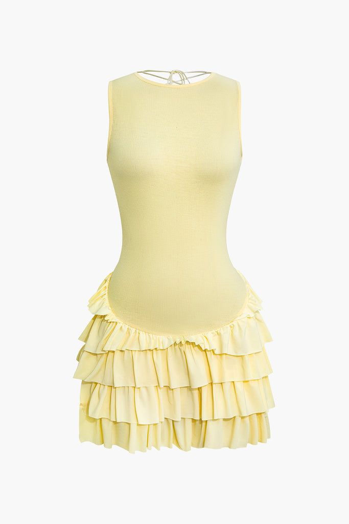 Lace Up Back Sleeveless Ruffle Hem Mini Dress Sheer Mini Dress, Stylish Summer Outfits, Media Screen, Cream Yellow, Dress Cream, Darling Dress, Knit Mini Dress, Sheer Fabric, Knit Midi Dress