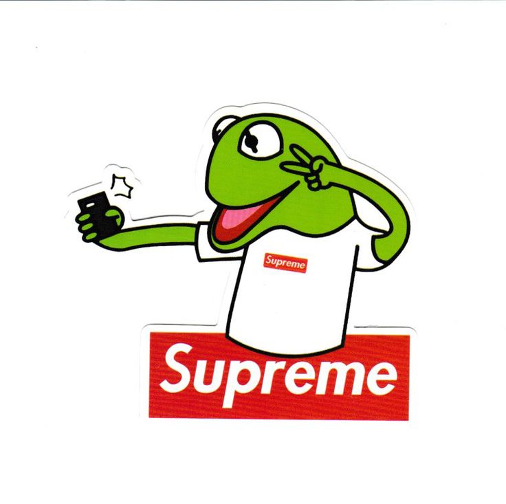 a sticker depicting a frog holding a cell phone in his right hand and the word supreme on it