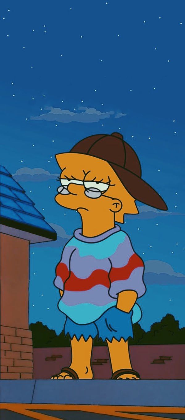 the simpsons is standing in front of a building at night with his hat on and eyes closed