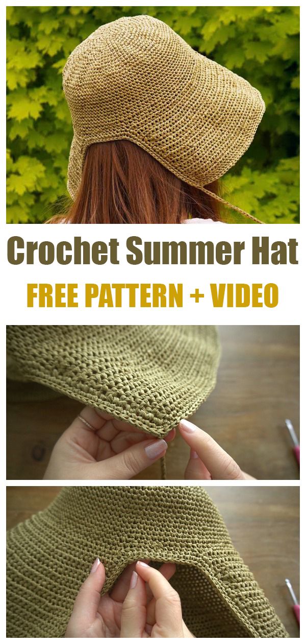 the crochet summer hat is shown with instructions to make it and how to sew