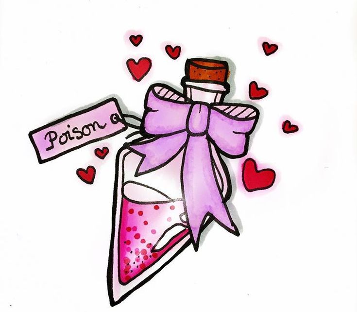 a drawing of a bottle with a pink bow on it and hearts around the neck