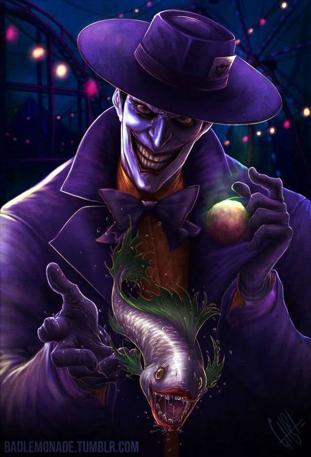 the joker is holding an apple in his right hand and wearing a purple suit with a hat