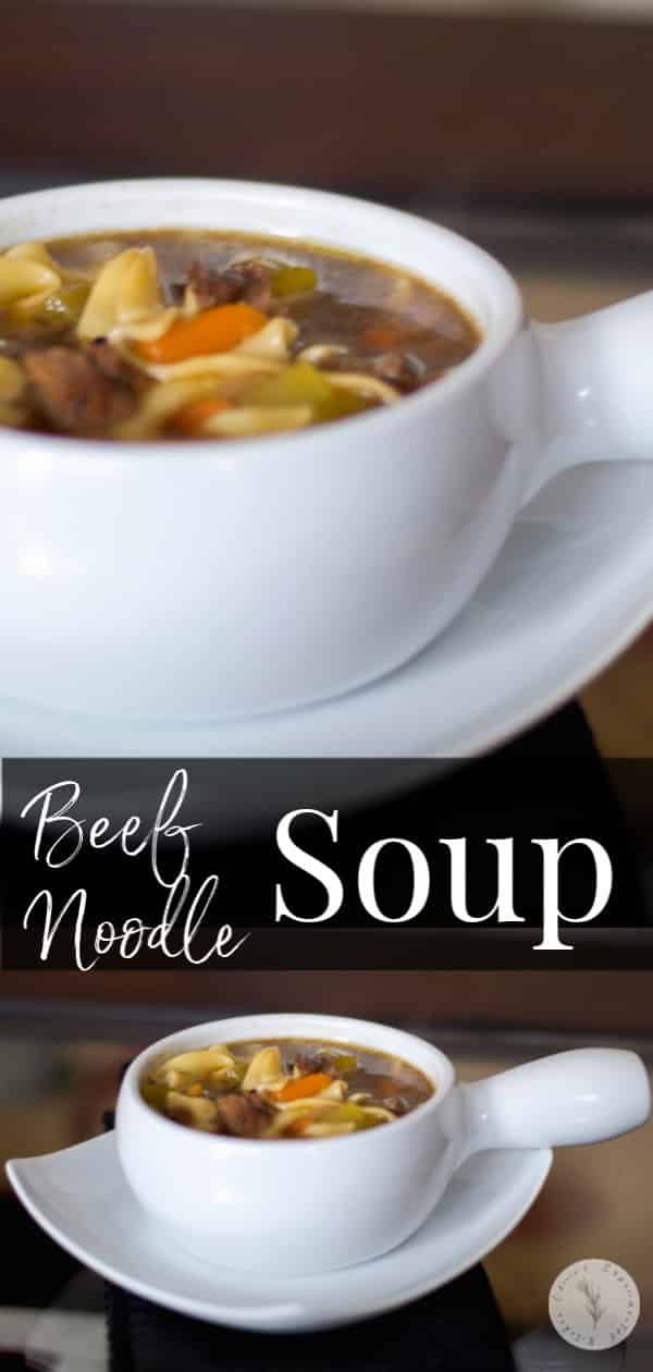 two bowls of beef noodle soup on top of a wooden table with the words beef noodle soup above it