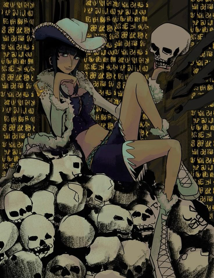 a woman sitting on top of a pile of skulls next to a man in a cowboy hat