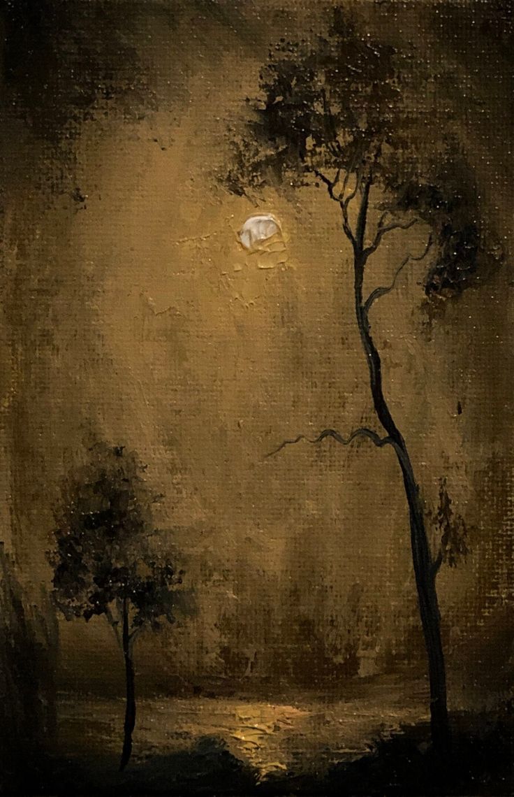 an oil painting with trees and the moon in the sky above it on a brown background