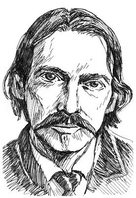 a black and white drawing of a man with a mustache