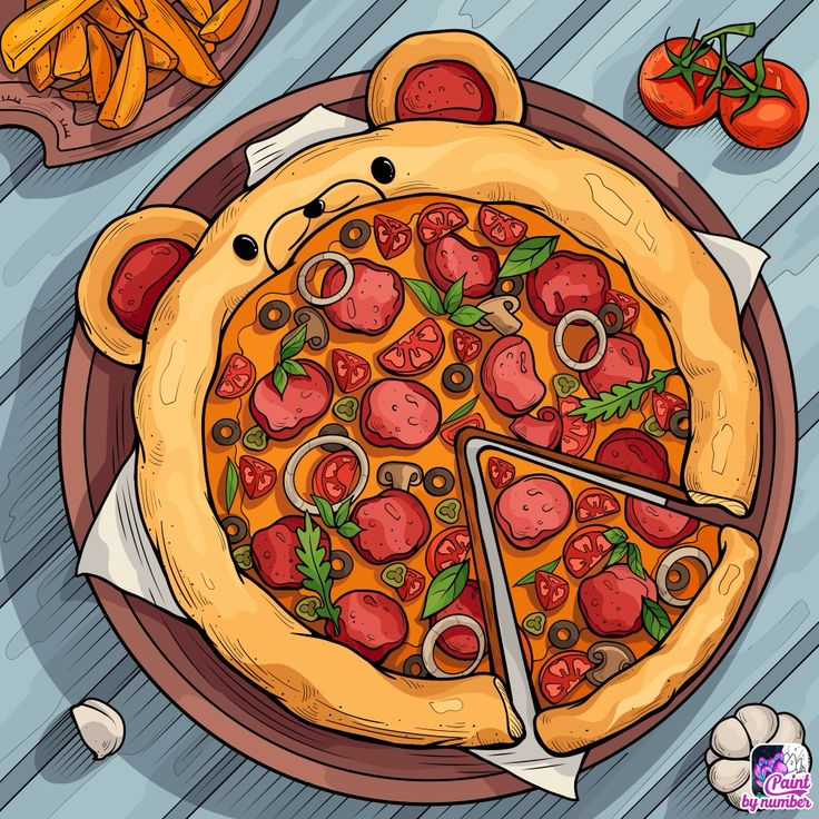 a cartoon pizza on a plate with french fries, tomatoes and other foods around it