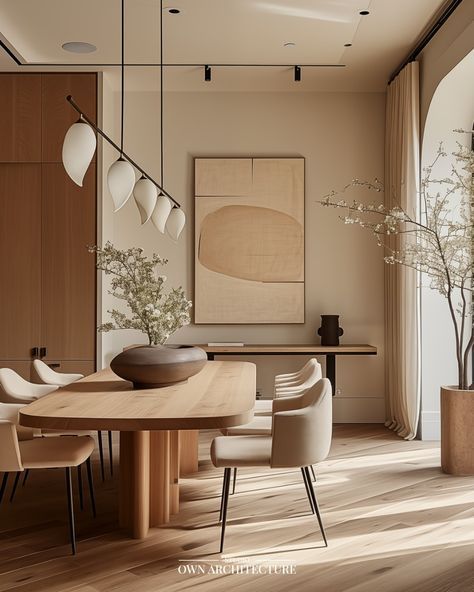 a dining room table with chairs and vases on top of it in front of a large window