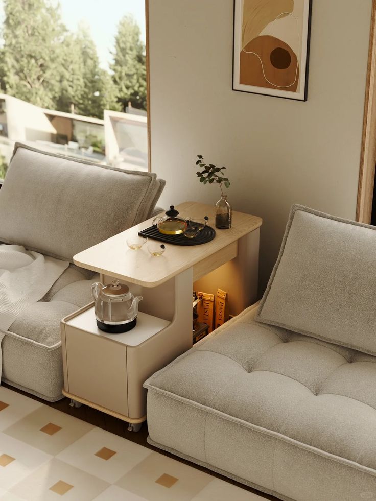 a living room scene with focus on the couch and coffee table in the center area