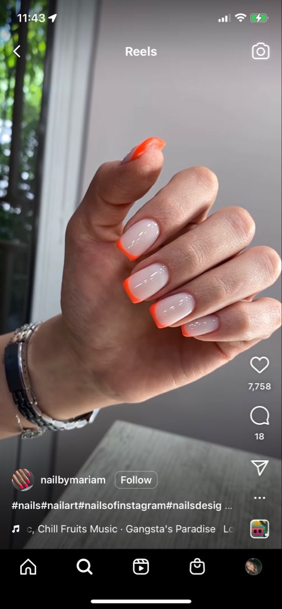 Orange Nails With French Tip, French With Orange Tip, Neon Tipped Nails, Pink And Orange Tip Nails, French Nails Orange Tips, Summer Nail French Tips, White Nails With Orange Design, Milky White And Orange Nails, Orange And White Gel Nails