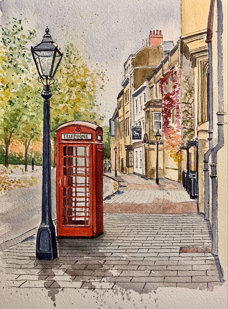 a watercolor painting of a red phone booth on the side of a city street