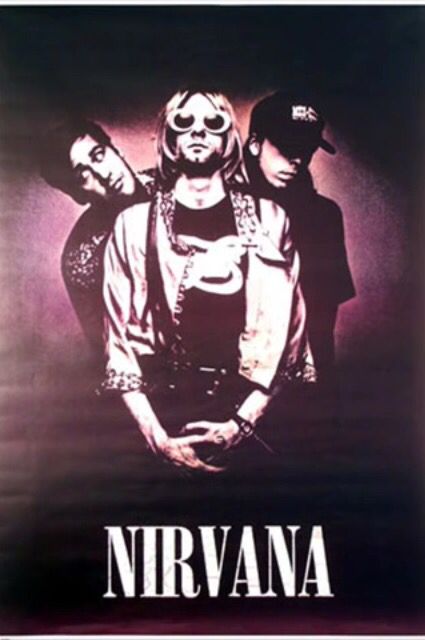 nirvana poster with two men standing next to each other in front of a purple background