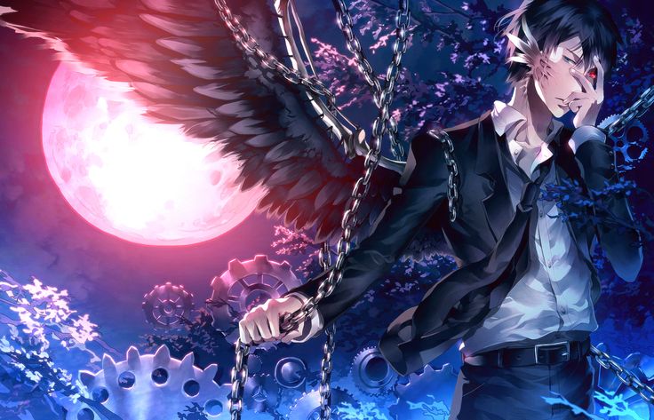 an anime character holding a chain with wings