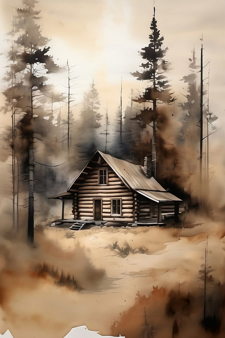 a painting of a cabin in the woods