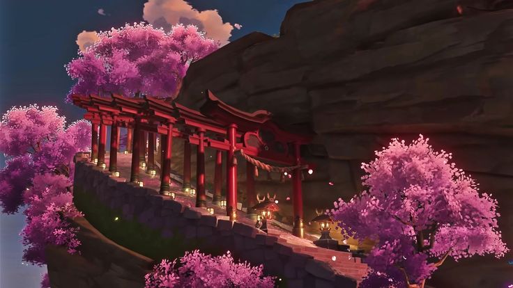 an animated scene with pink trees in the foreground and buildings on the other side